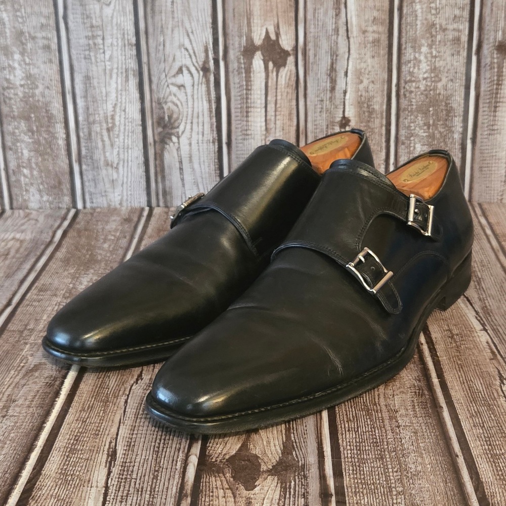 Sz 8.5 M Mens Magnanni Black Leather Double Monk Strap Dress Shoes VGUC